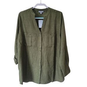 Floral & Ivy Womens Olive Green Button-Up Blouse Plus Size 1X